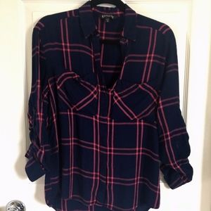 Express Navy Pink Button Down Flannel Sz XS